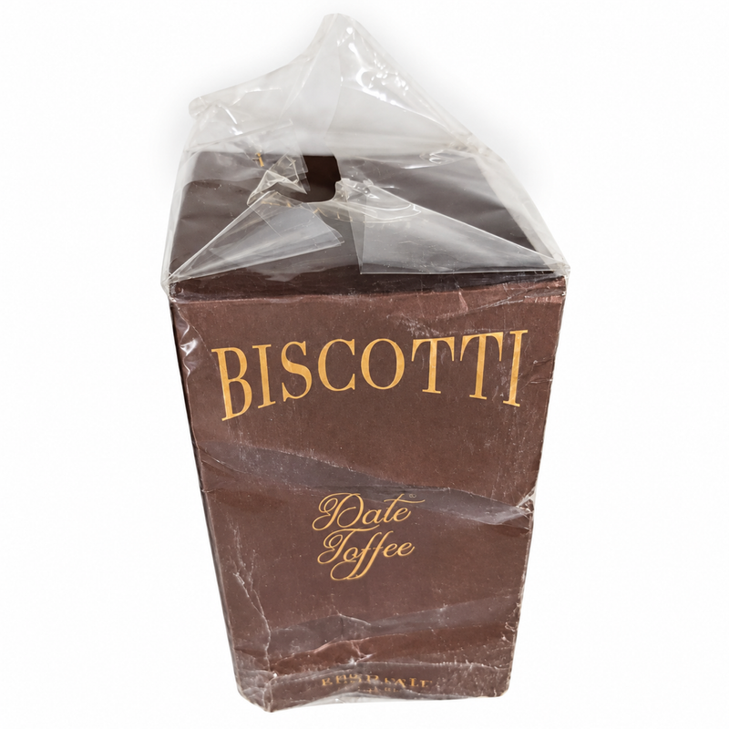 Open Box – Khadlaj Biscotti Date Toffee 100ml — condition photo 1 of 3: Outer box is crushed and dented. The plastic wrap is loose and torn.