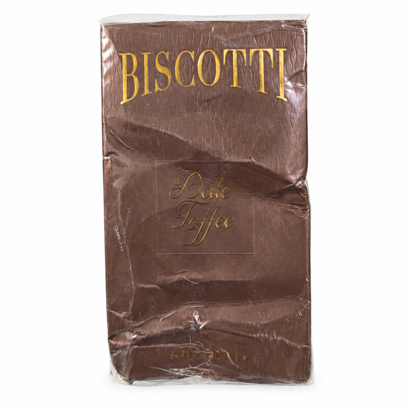 Open Box – Khadlaj Biscotti Date Toffee 100ml — condition photo 2 of 3: Outer box is crushed and dented. The plastic wrap is loose and torn.