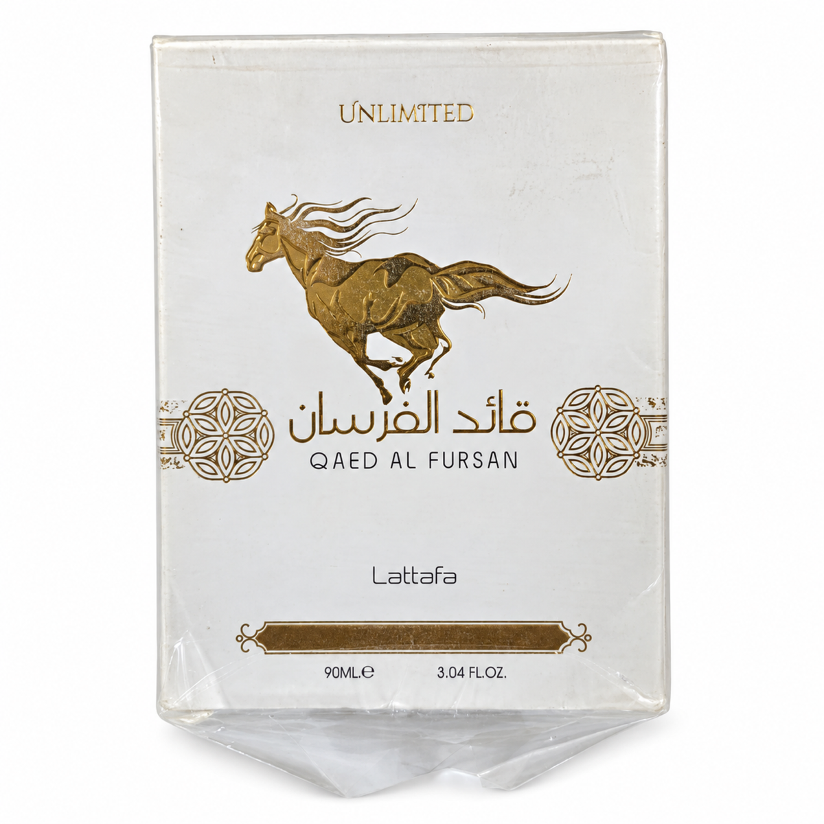Open Box – Lattafa Qaed Al Fursan Unlimited 90ml — condition photo 1 of 2: Outer plastic wrap is loose and the top and bottom packaging condition is visible in the photos.