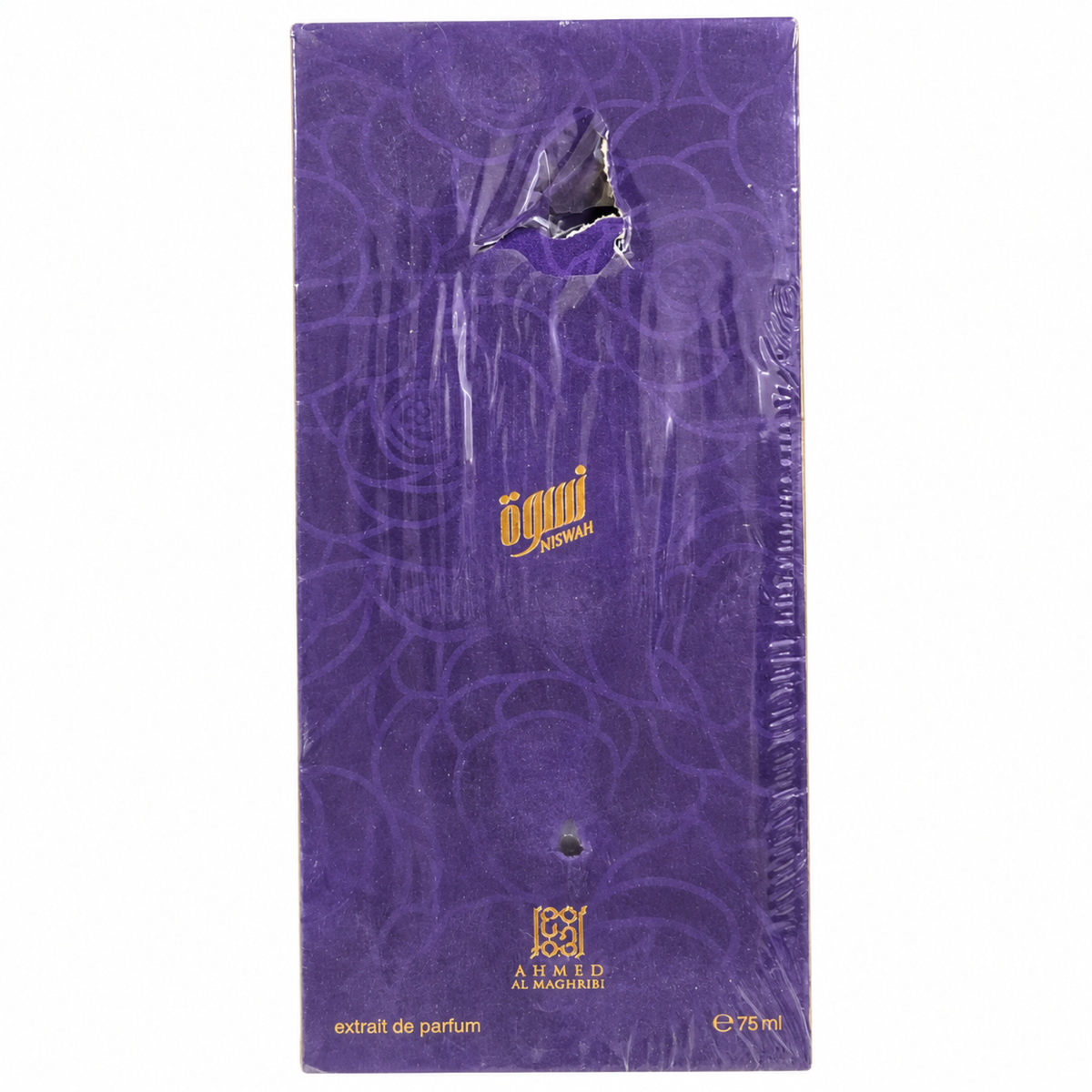 Open Box – Ahmed Al Maghribi Niswah 75ml — condition photo 1 of 1: Outer box has a large puncture/tear near the top, a lower puncture/dent, scuffs, and wrinkled wrap.