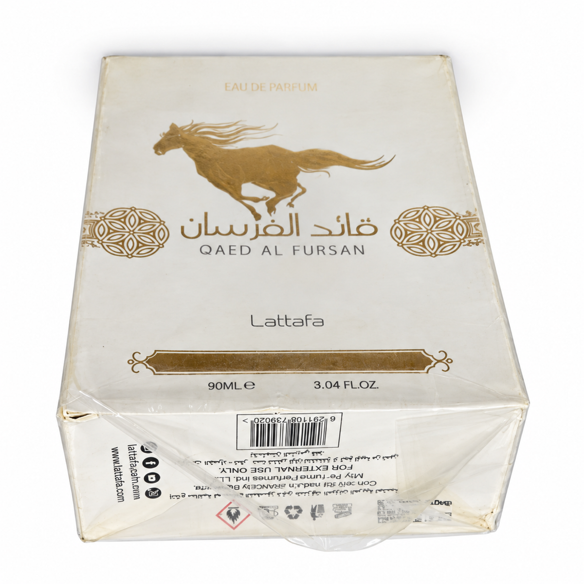 Open Box – Lattafa Qaed Al Fursan Unlimited 90ml — condition photo 2 of 2: Outer plastic wrap is loose and the top and bottom packaging condition is visible in the photos.