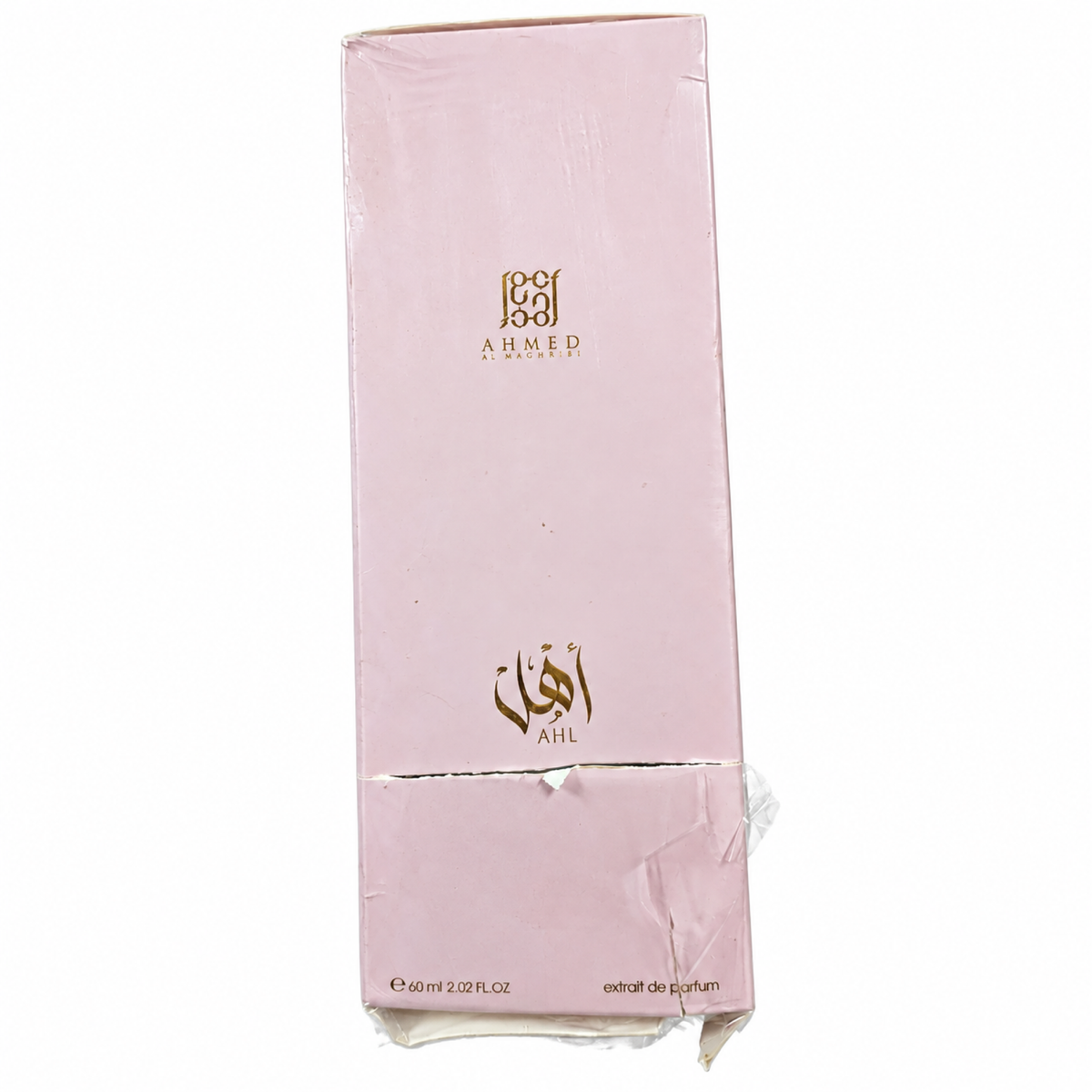 Open Box – Ahmed Al Maghribi Ahl 60ml — condition photo 1 of 2: Outer box has a split seam, peeled chip, crushed and creased lower panel, loose wrap, and a torn bottom edge.