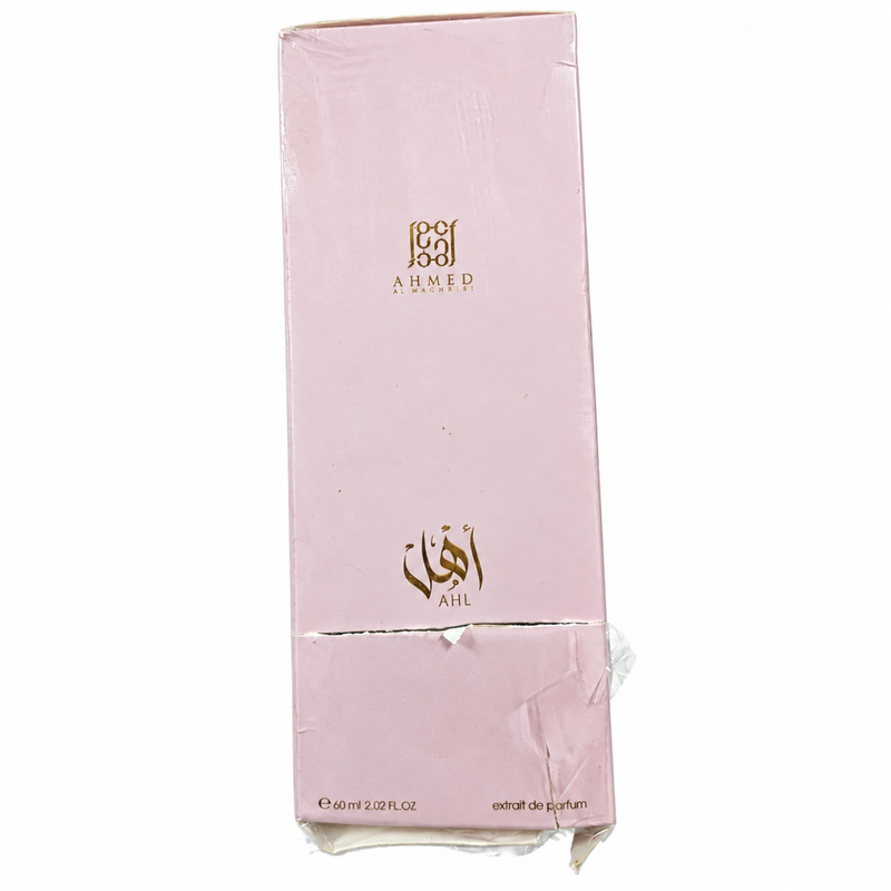 Open Box – Ahmed Al Maghribi Ahl 60ml — condition photo 1 of 2: Outer box has a split seam, peeled chip, crushed and creased lower panel, loose wrap, and a torn bottom edge.