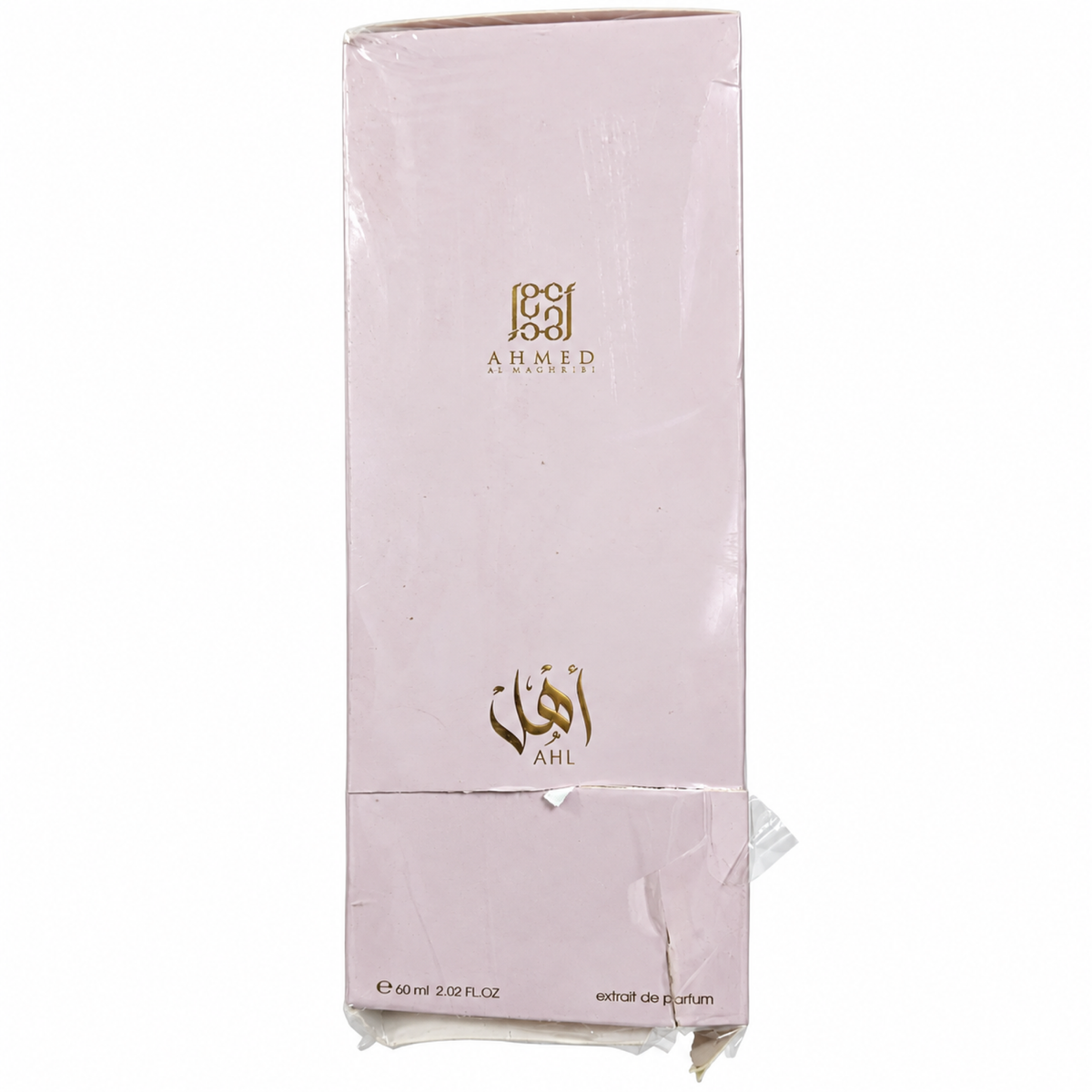 Open Box – Ahmed Al Maghribi Ahl 60ml — condition photo 2 of 2: Outer box has a split seam, peeled chip, crushed and creased lower panel, loose wrap, and a torn bottom edge.