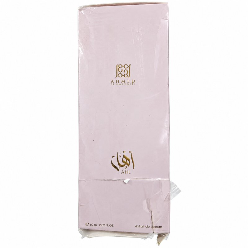 Open Box – Ahmed Al Maghribi Ahl 60ml — condition photo 2 of 2: Outer box has a split seam, peeled chip, crushed and creased lower panel, loose wrap, and a torn bottom edge.