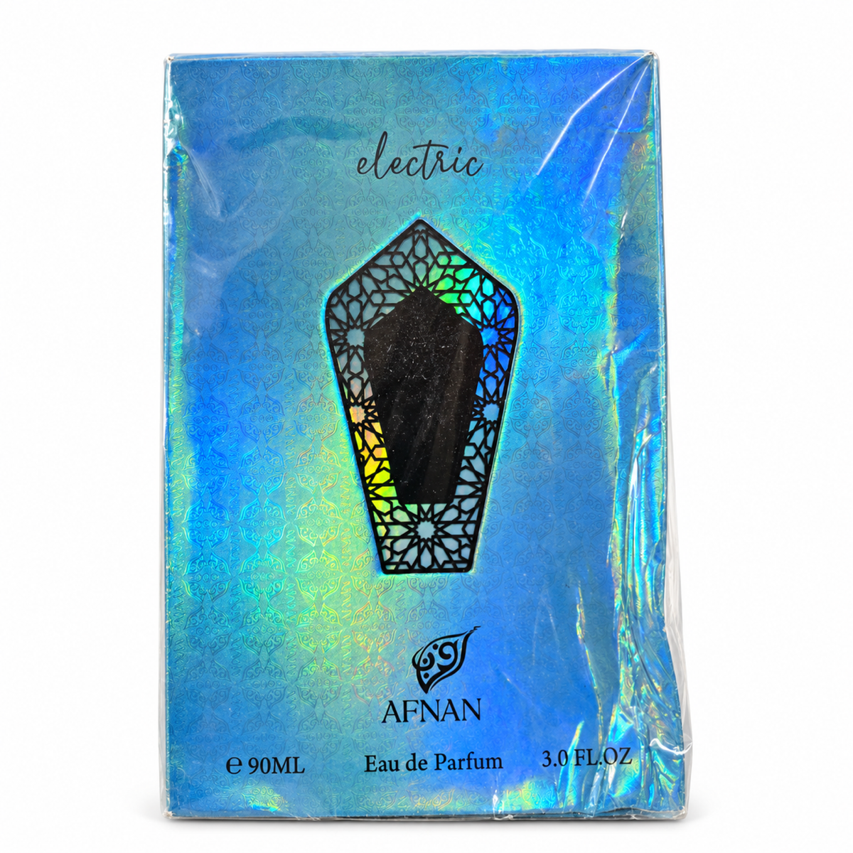 Open Box – Afnan Turathi Electric 90ml — condition photo 1 of 1: Outer plastic wrap is loose and wrinkled, with visible scuffs and edge wear.
