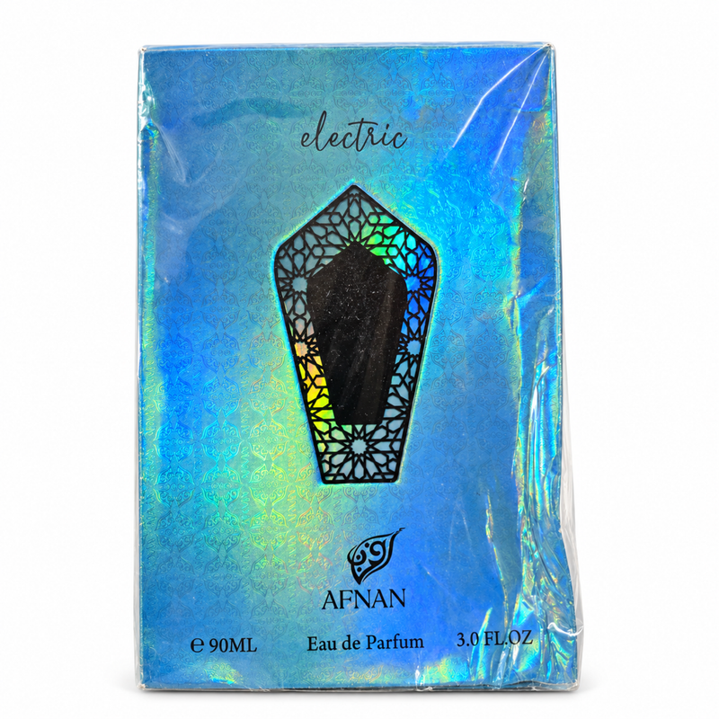 Open Box – Afnan Turathi Electric 90ml — condition photo 1 of 1: Outer plastic wrap is loose and wrinkled, with visible scuffs and edge wear.