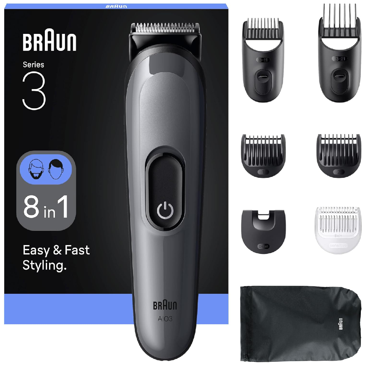 Braun AIO3540 All in One Series 3 8-in-1 Grooming Kit, Ultra Sharp Blade, 14 Lengths Settings - Silver