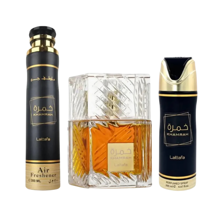 Lattafa Khamrah Gift Set (100 ml EDP + 200 ml spray + 300 ml freshener)