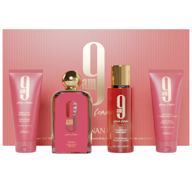 Afnan 9 AM Pour Femme Gift Set (100 ml EDP + body mist + lotion + shower gel)