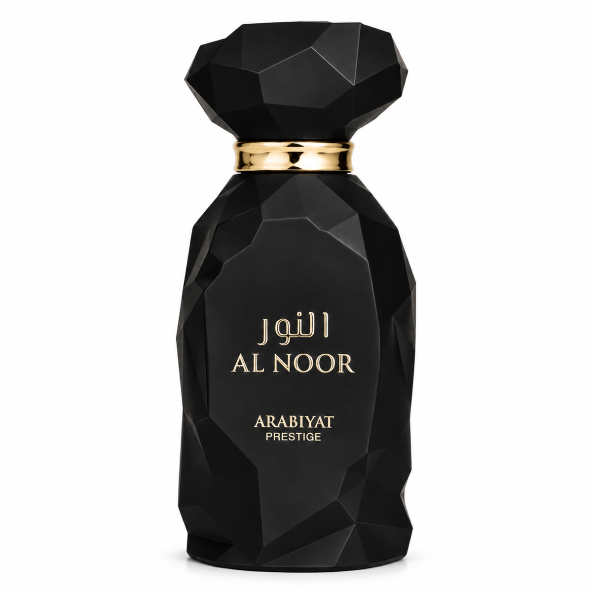 Arabiyat Prestige Al Noor 100ml black faceted bottle, front view on a white background