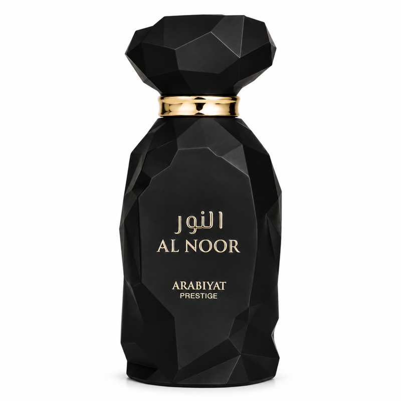 Arabiyat Prestige Al Noor 100ml black faceted bottle, front view on a white background