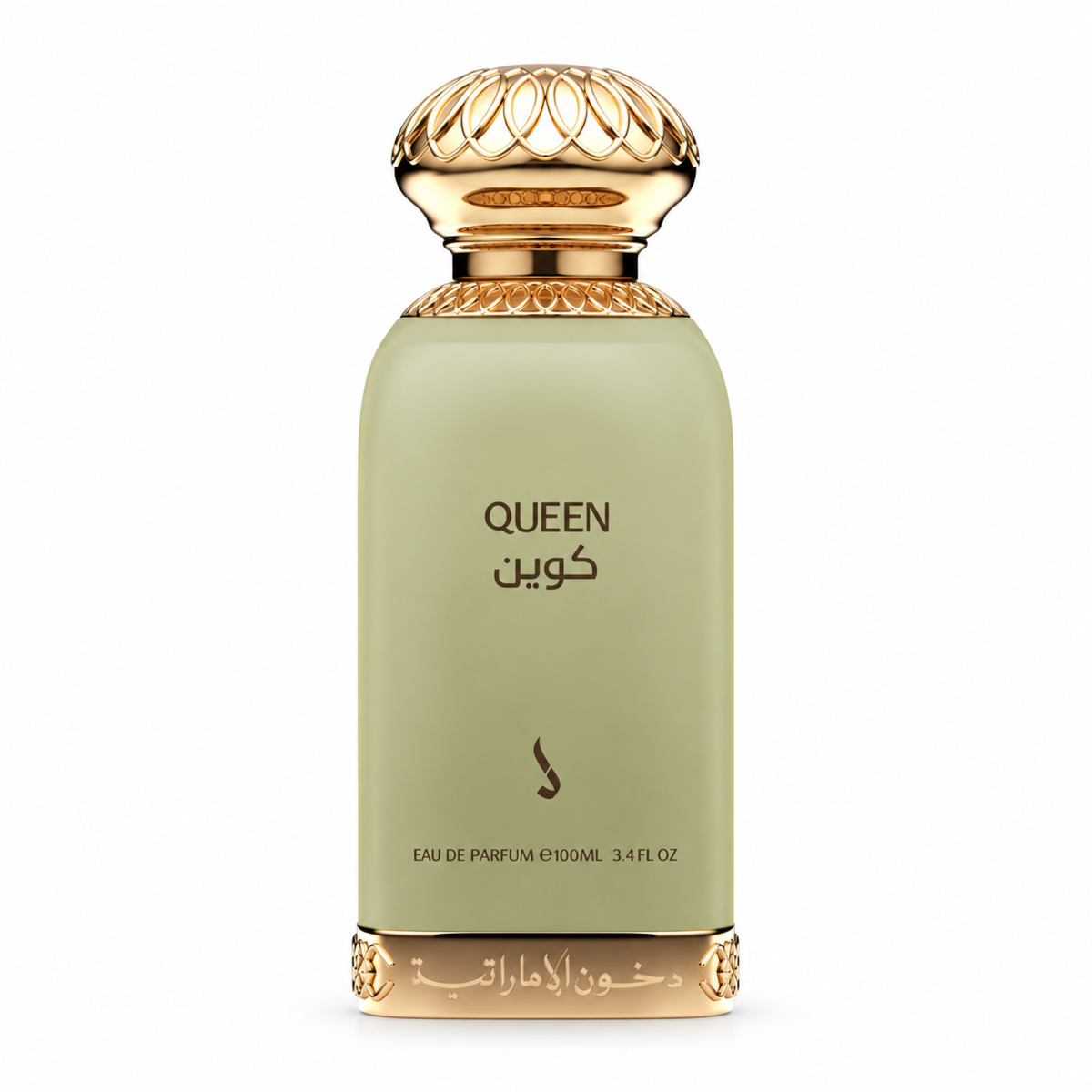 Dkhoon Emirates Queen 100ml pale-green bottle with ornate gold cap, front view on a white background