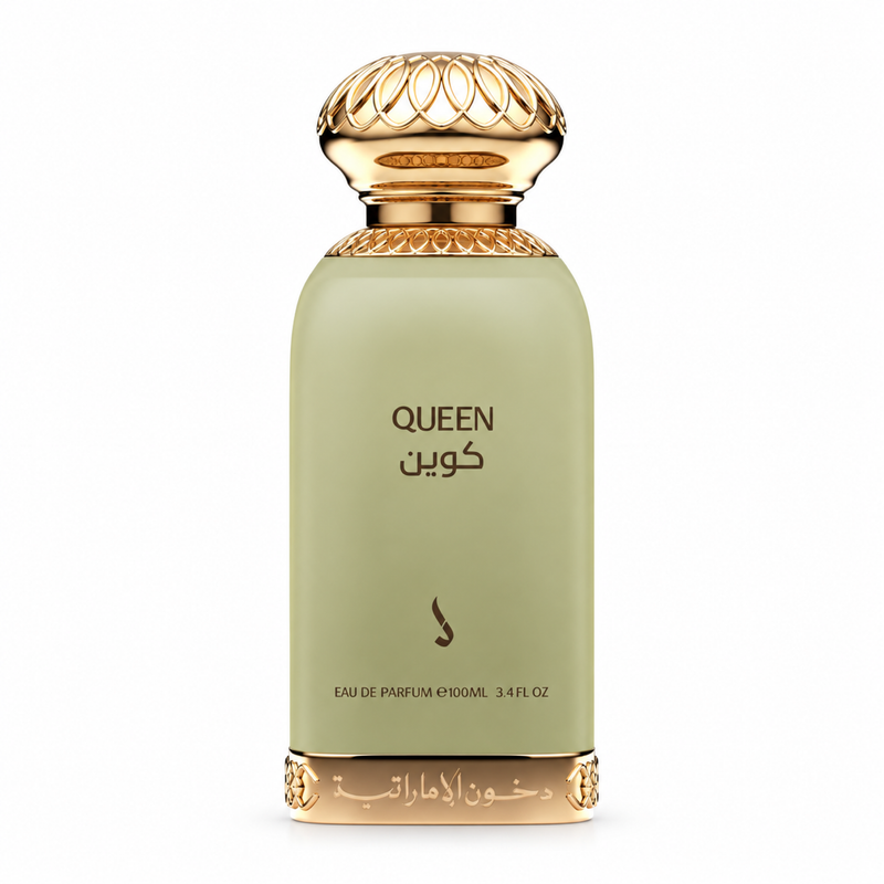 Dkhoon Emirates Queen 100ml pale-green bottle with ornate gold cap, front view on a white background