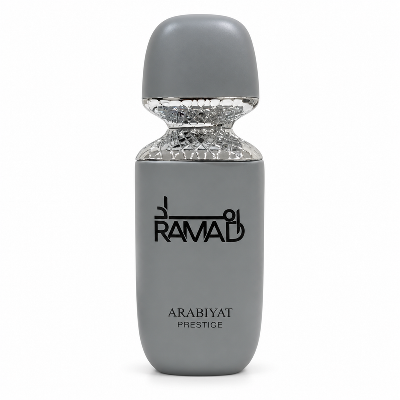 Arabiyat Prestige Ramad 100ml grey bottle, front view on a white background