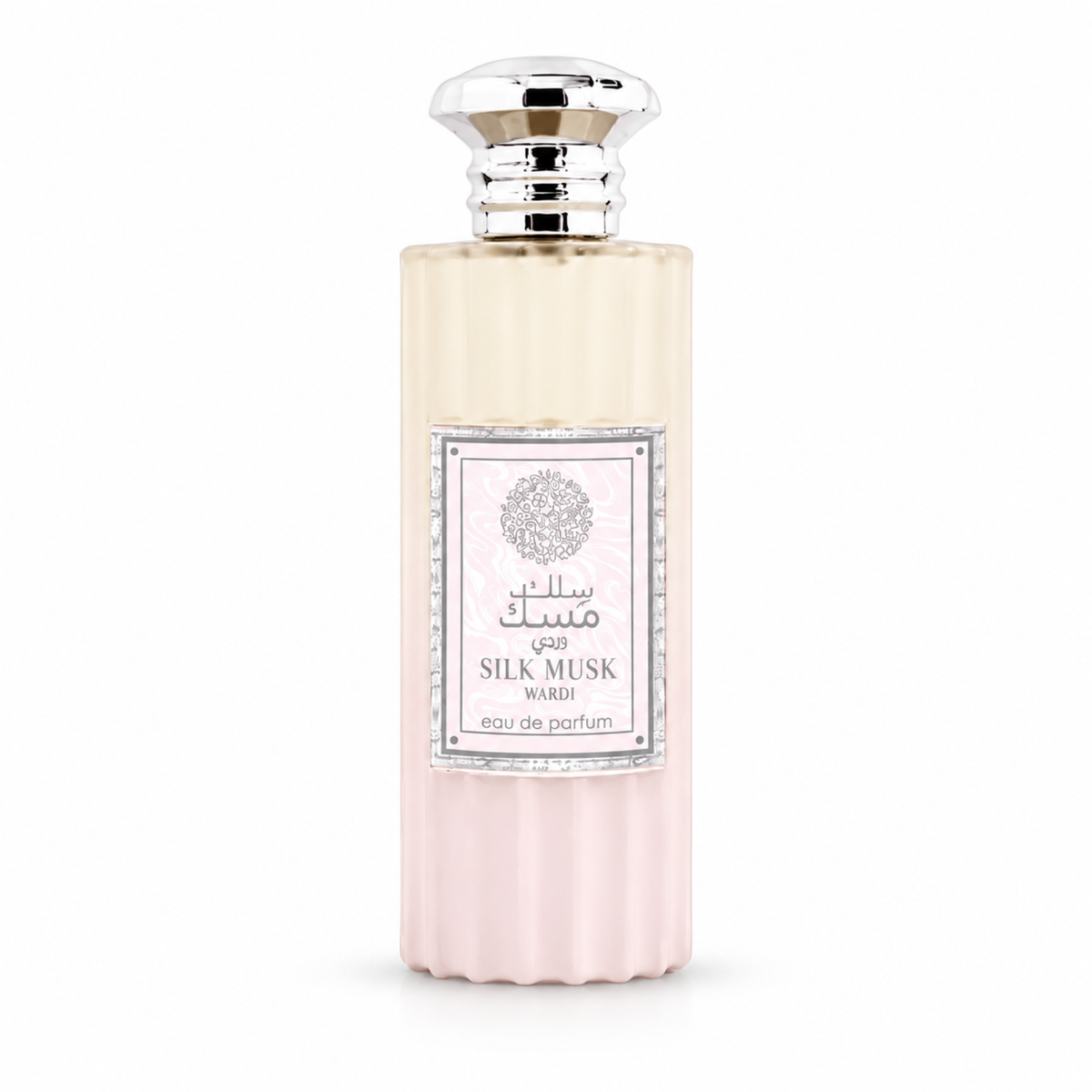 Wadi Al Khaleej Silk Musk Wardi 100ml front-facing bottle, white background, edited from authentic product photo