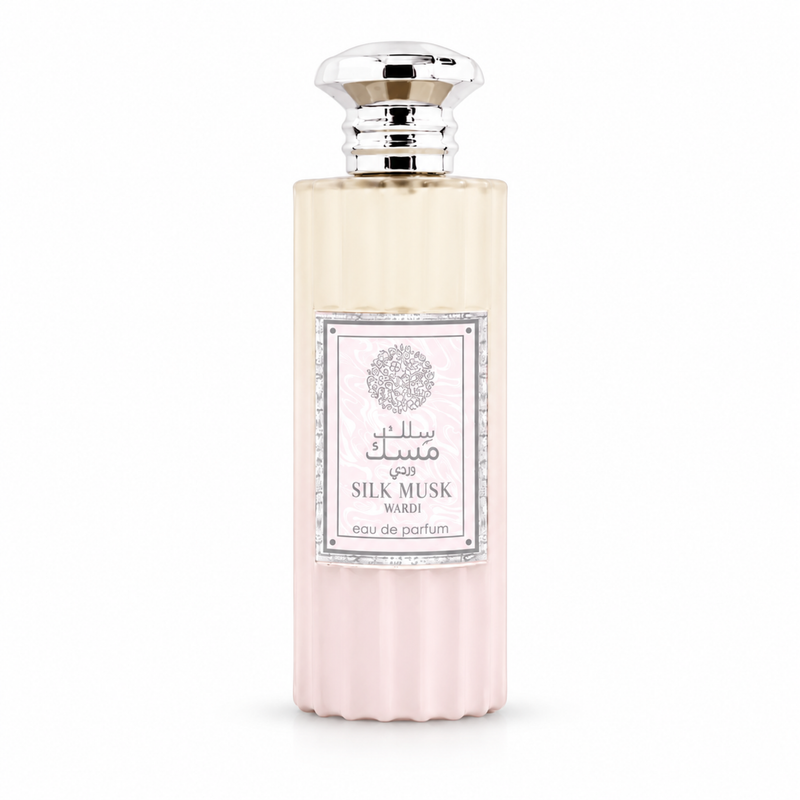 Wadi Al Khaleej Silk Musk Wardi 100ml front-facing bottle, white background, edited from authentic product photo