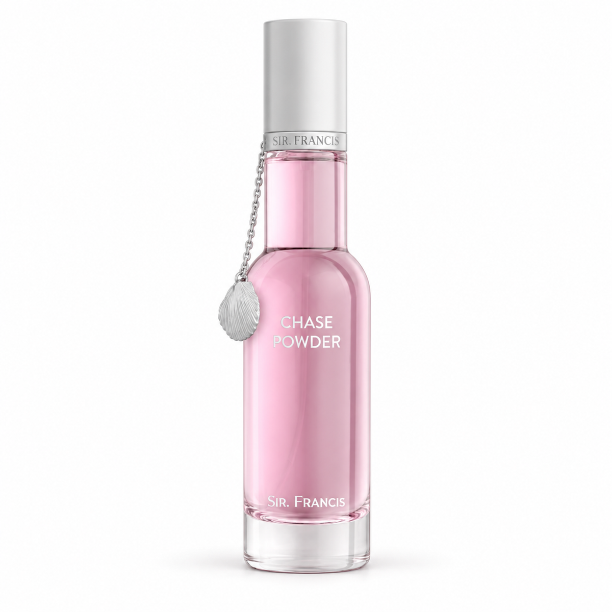 Sir Francis Chase Powder 75ml pink glass perfume bottle with silver cap and seashell charm, front view on white background