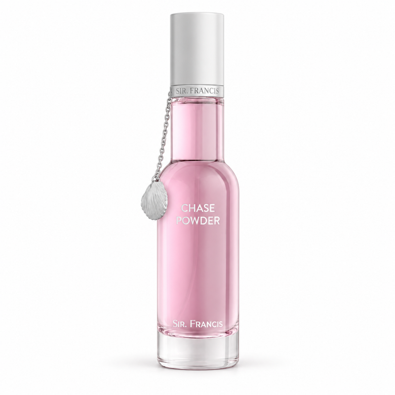 Sir Francis Chase Powder 75ml pink glass perfume bottle with silver cap and seashell charm, front view on white background