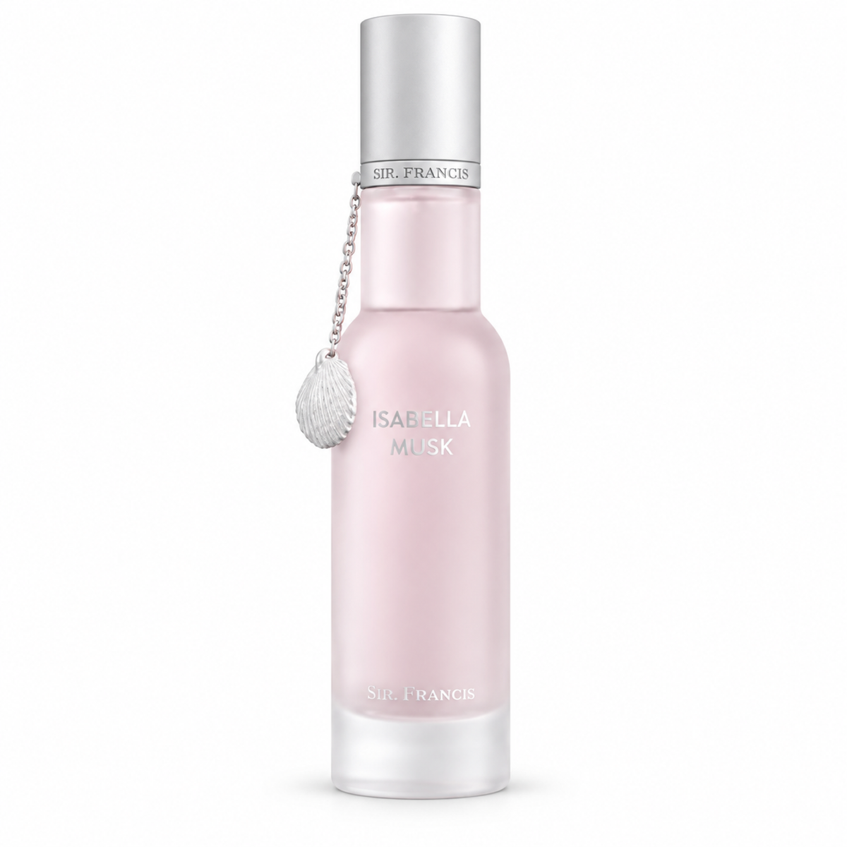 Sir Francis Isabella Musk 75ml pale pink frosted glass perfume bottle with silver cap and seashell charm, front view on white background