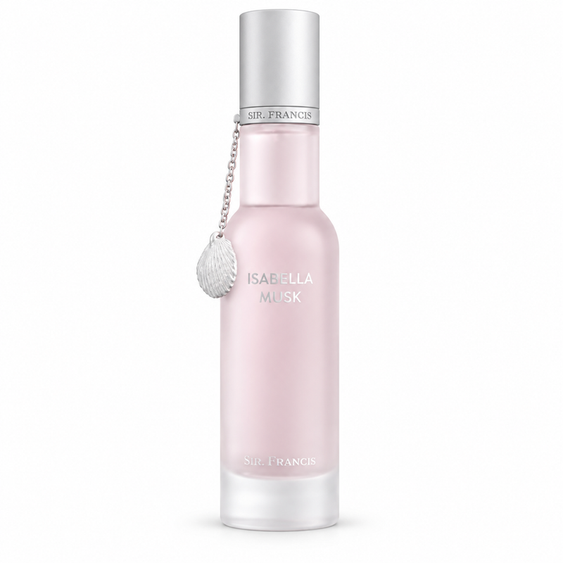 Sir Francis Isabella Musk 75ml pale pink frosted glass perfume bottle with silver cap and seashell charm, front view on white background