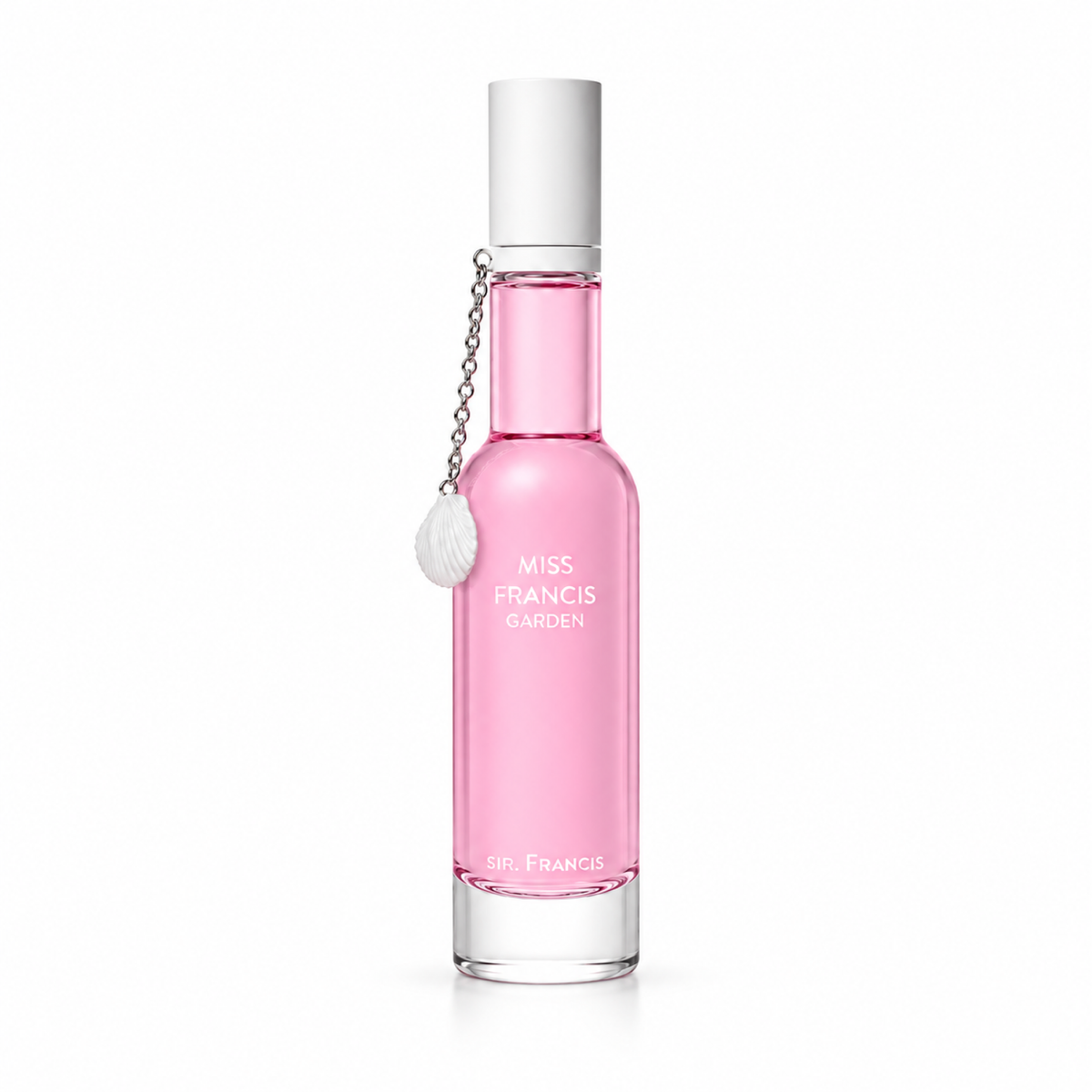 Sir Francis Miss Francis Garden 75ml pink perfume bottle with silver cap and seashell charm, front view on white background
