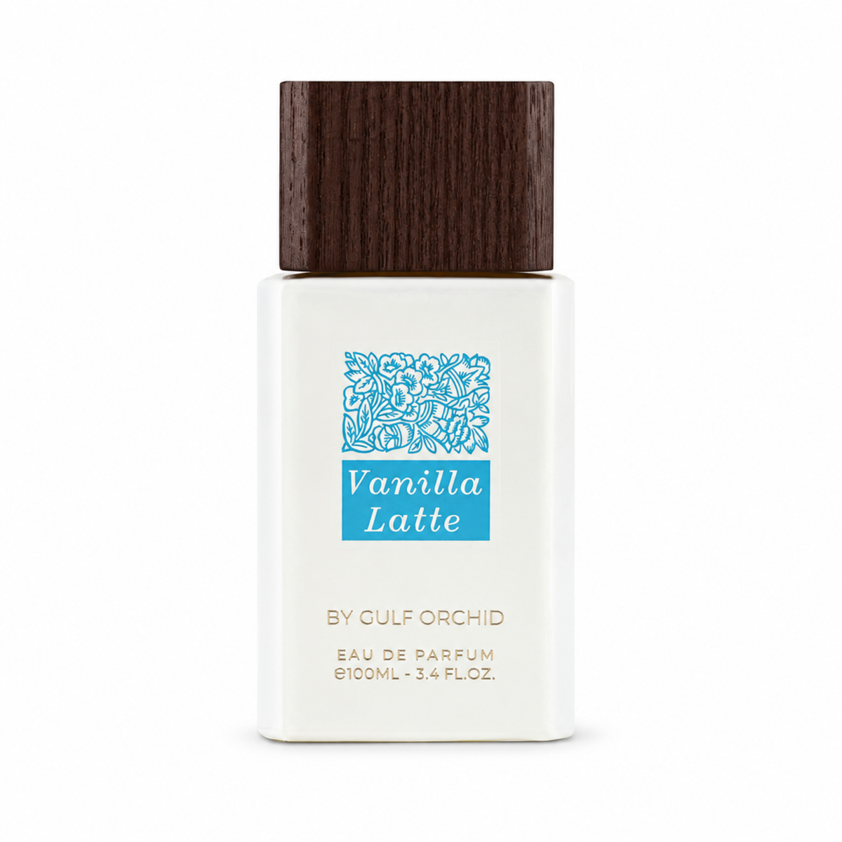 Gulf Orchid Vanilla Latte 100ml front-facing bottle, white background, edited from authentic product photo