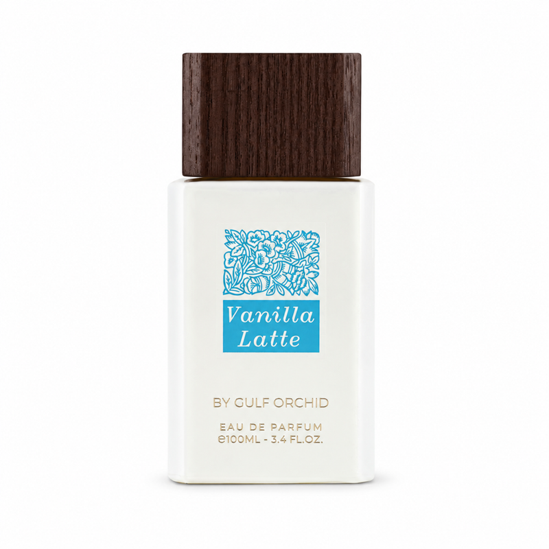 Gulf Orchid Vanilla Latte 100ml front-facing bottle, white background, edited from authentic product photo