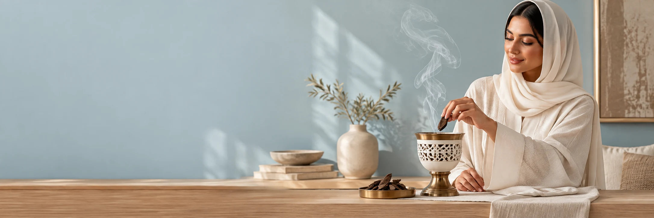 Woman placing oud chips into an elegant bakhoor burner